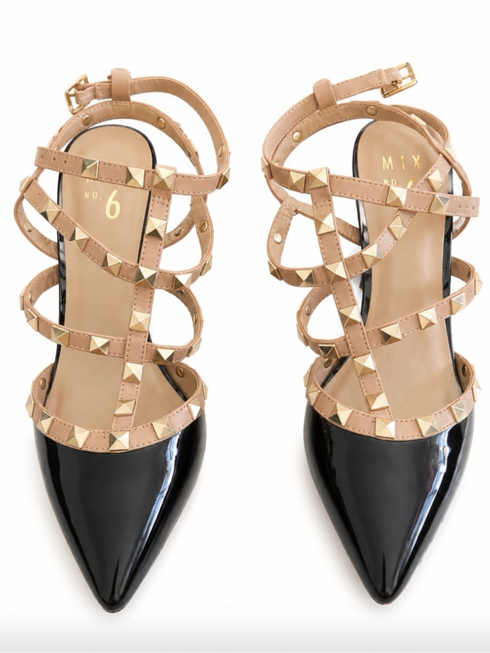 Mix No. 6 Black Patent Pointed Toe Heels with Nude Studded Straps